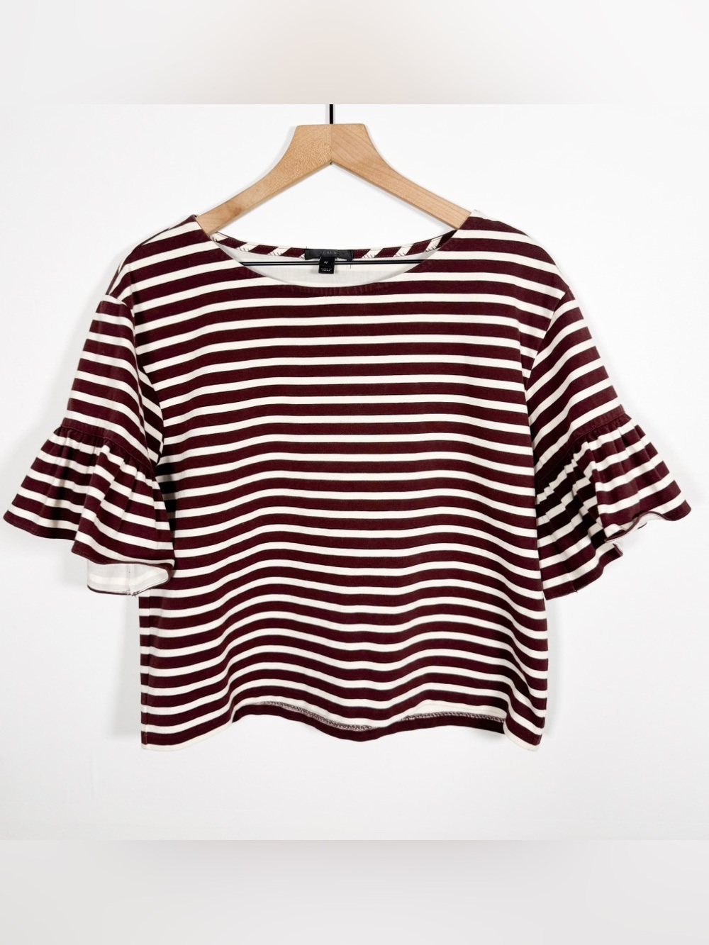 J. CREW Women’s Flutter Ruffle Sleeve Dark Burgundy Boxy Striped Top Sz M